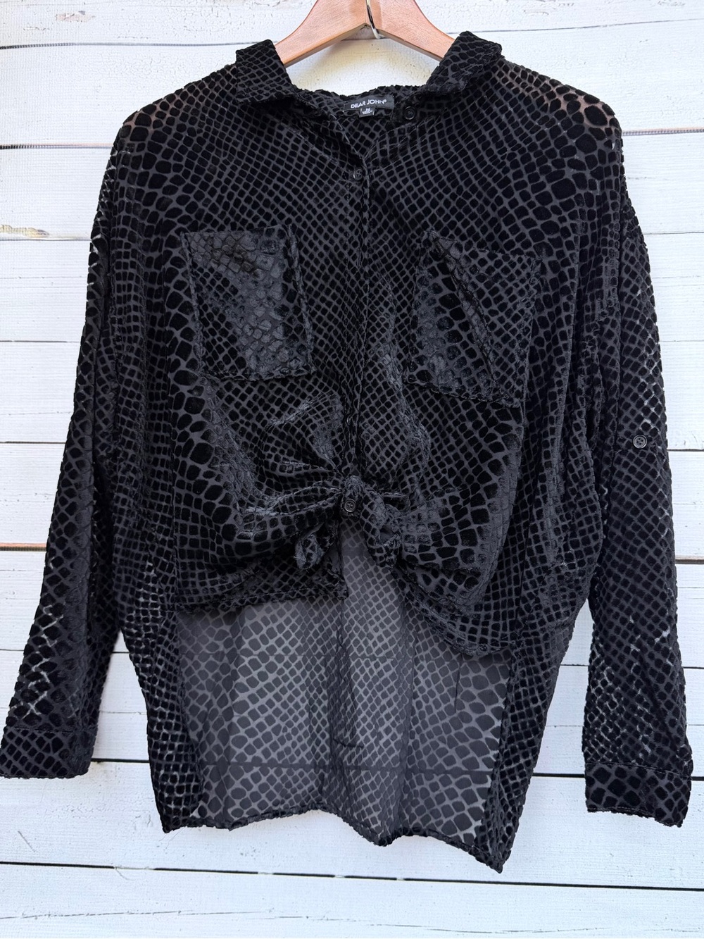 Dear John Yanis Embossed Velvet Snakeskin Burnout Button Down Blouse Top - XS